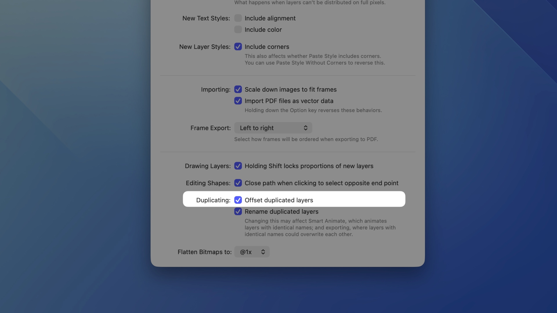 The Offset duplicated layers option in Sketch Settings