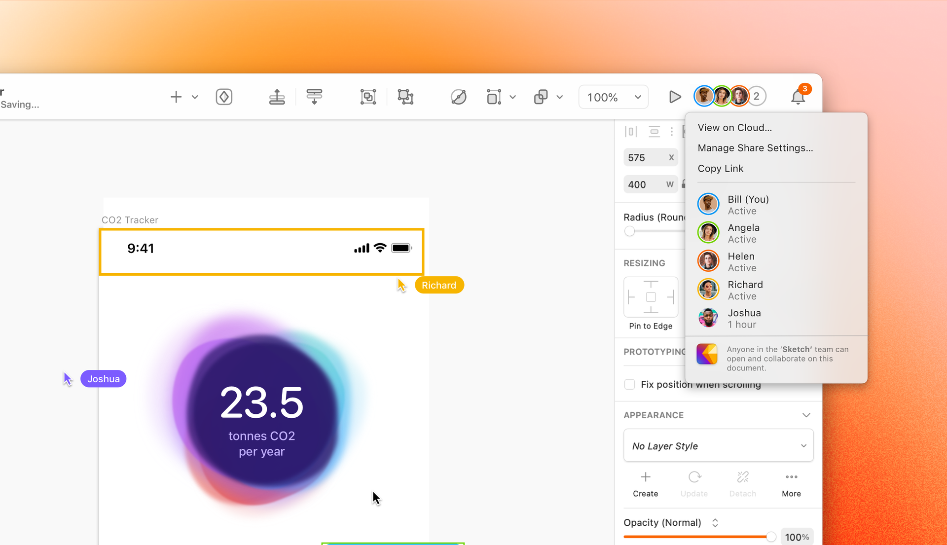 An image showing the Collaboration menu open in a Sketch window, and other collaborators’ cursors on the Canvas.