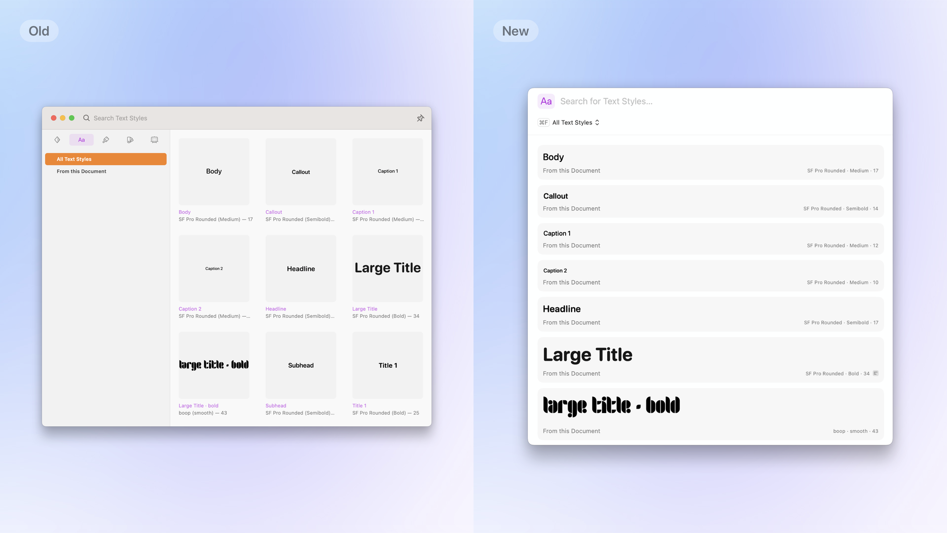 A comparison between the old Insert Window and the new Command Bar for Text Styles. In the Insert Window, previews are small and compressed, with truncated font and size labels. In the Command Bar, previews are larger, more readable, and show full font, size, alignment, and group path details.