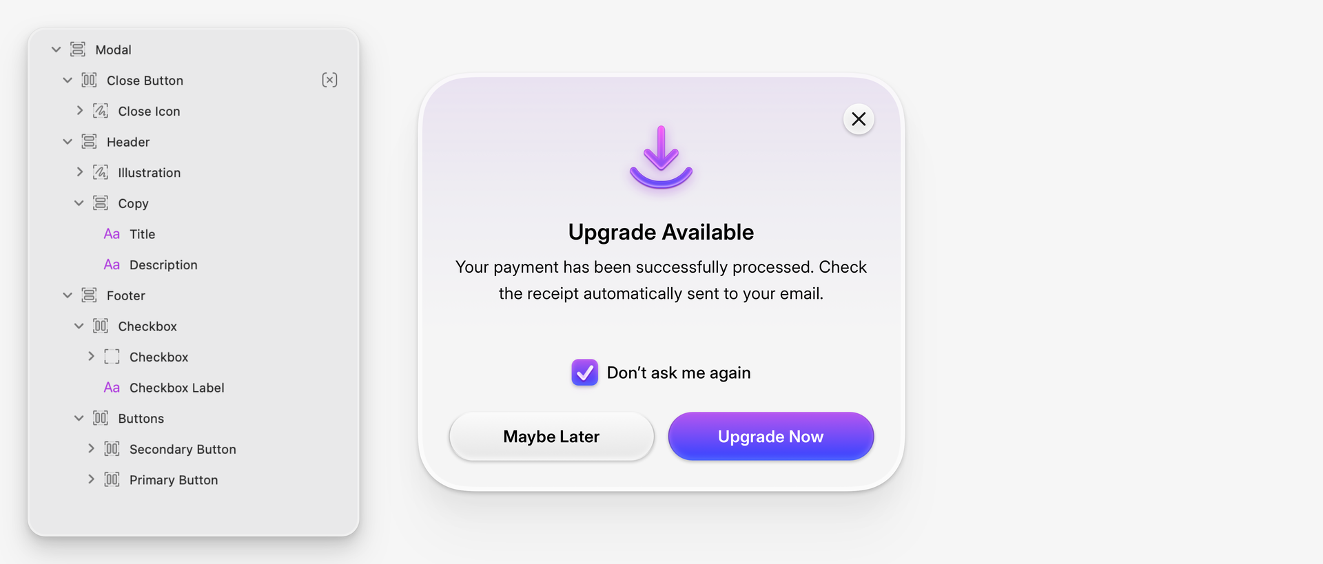 A modal dialog in Sketch showing a layered structure with title, description, checkbox, and buttons. The left panel displays the nested stack hierarchy, highlighting how the layout is organized.